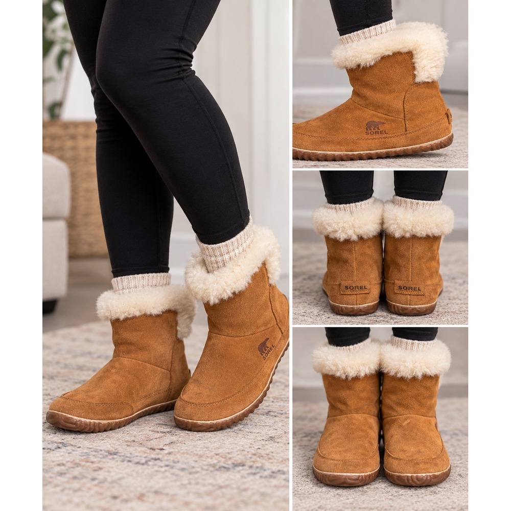 Sorel Nakiska Bootie Elk Natural Suede Faux Fur Winter Boots NL3073-286 Womens 9
